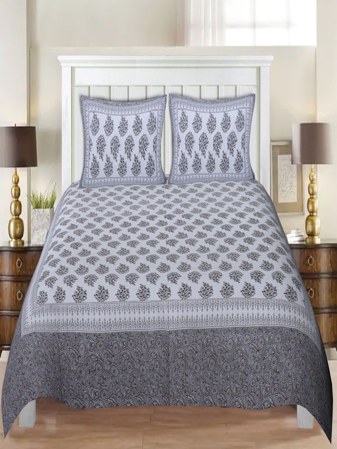 

INDHOME LIFE Unisex White & Grey 220 TC Printed Cotton Bedsheet with 2 Pillow Covers