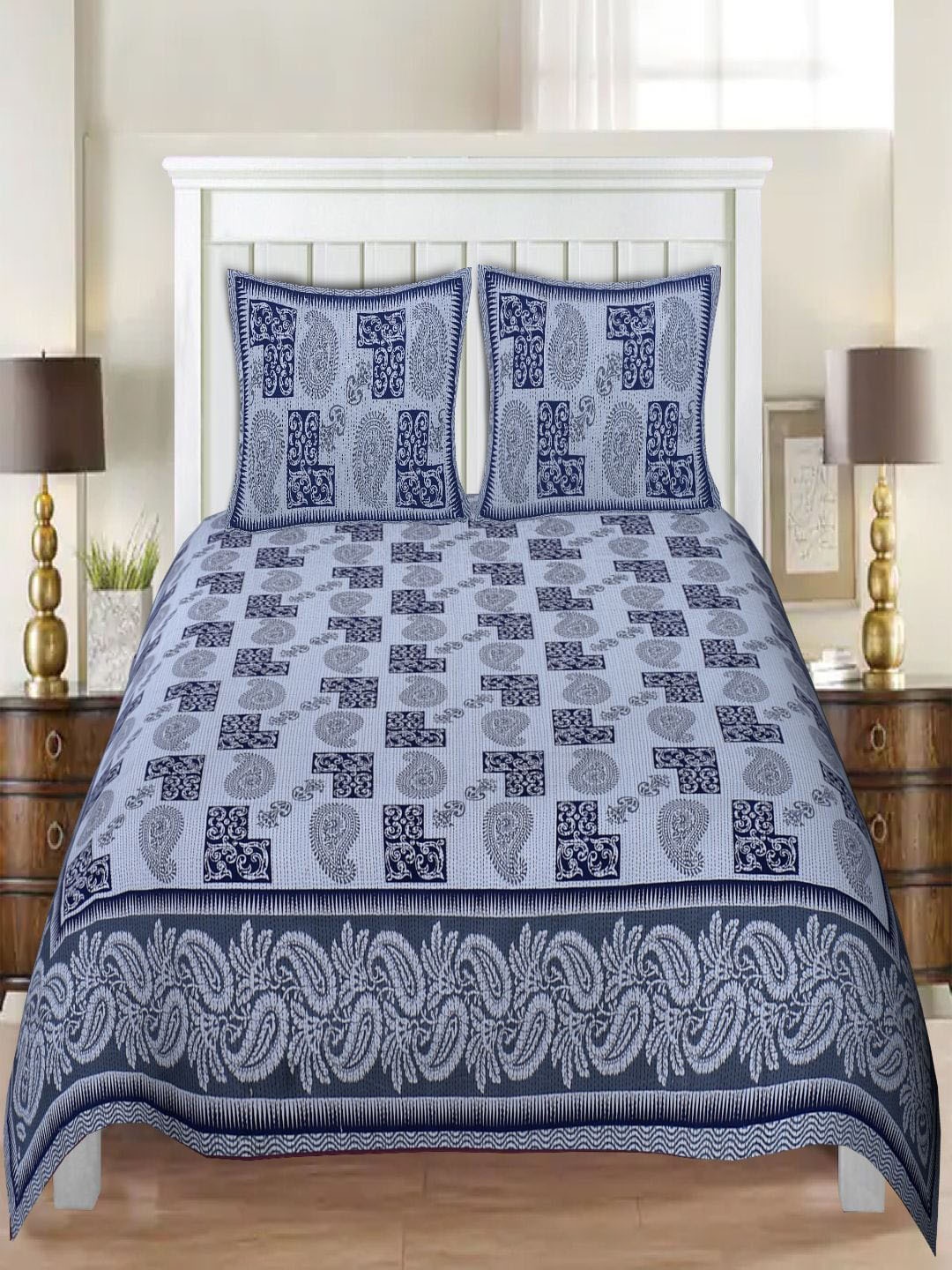 

INDHOME LIFE Unisex Blue 220 TC Printed Cotton Bedsheet with 2 Pillow Covers