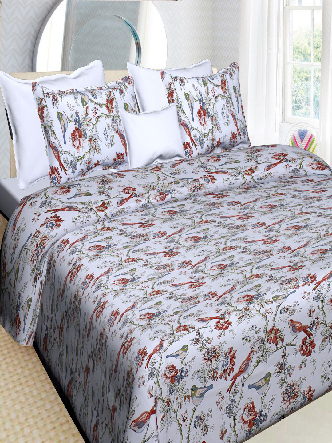 

INDHOME LIFE Grey & Red Floral 200 TC King Bedsheet with 2 Pillow Covers