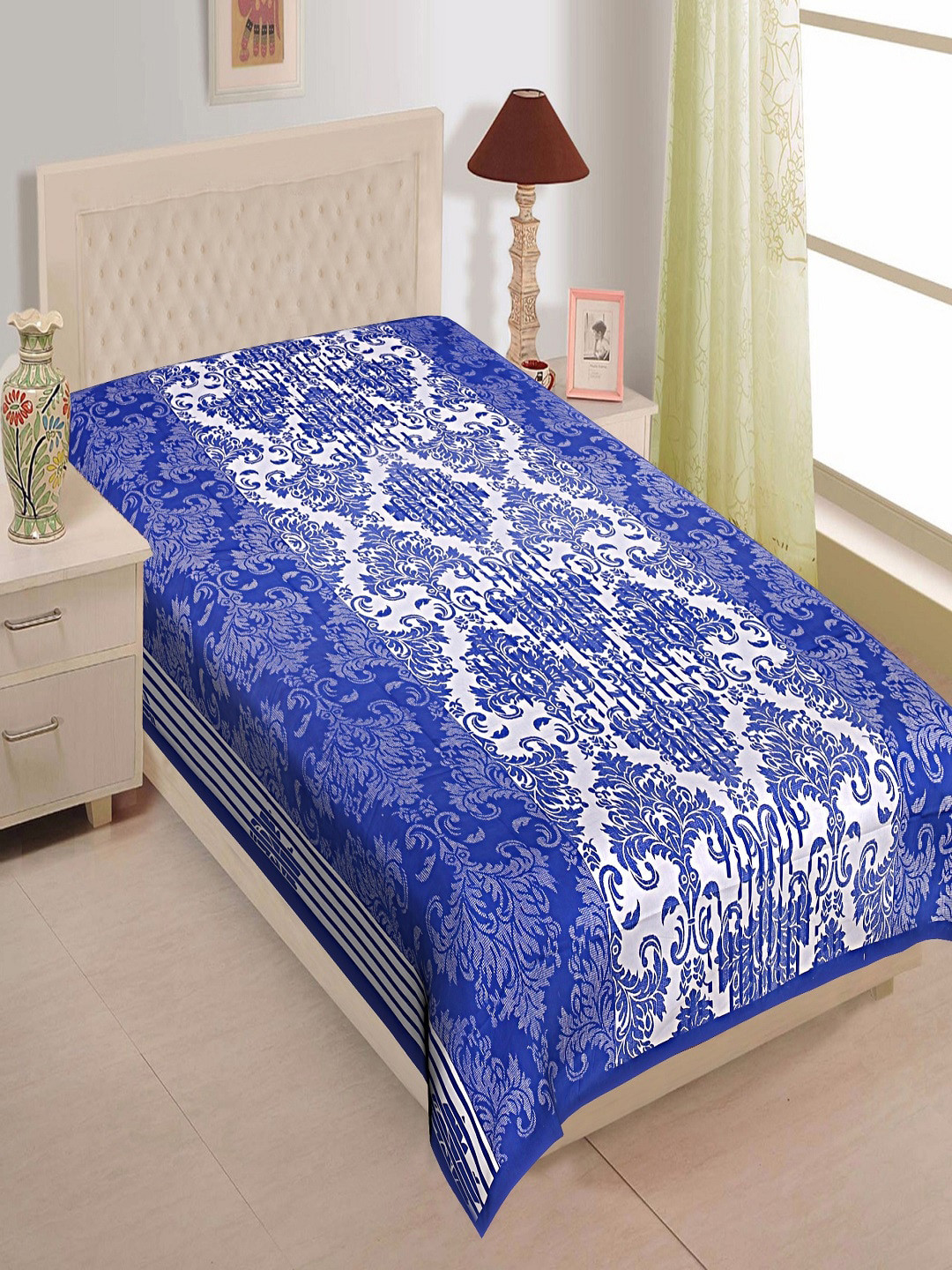 

INDHOME LIFE Blue & White Floral 144 TC Single Bedsheet with Pillow Covers