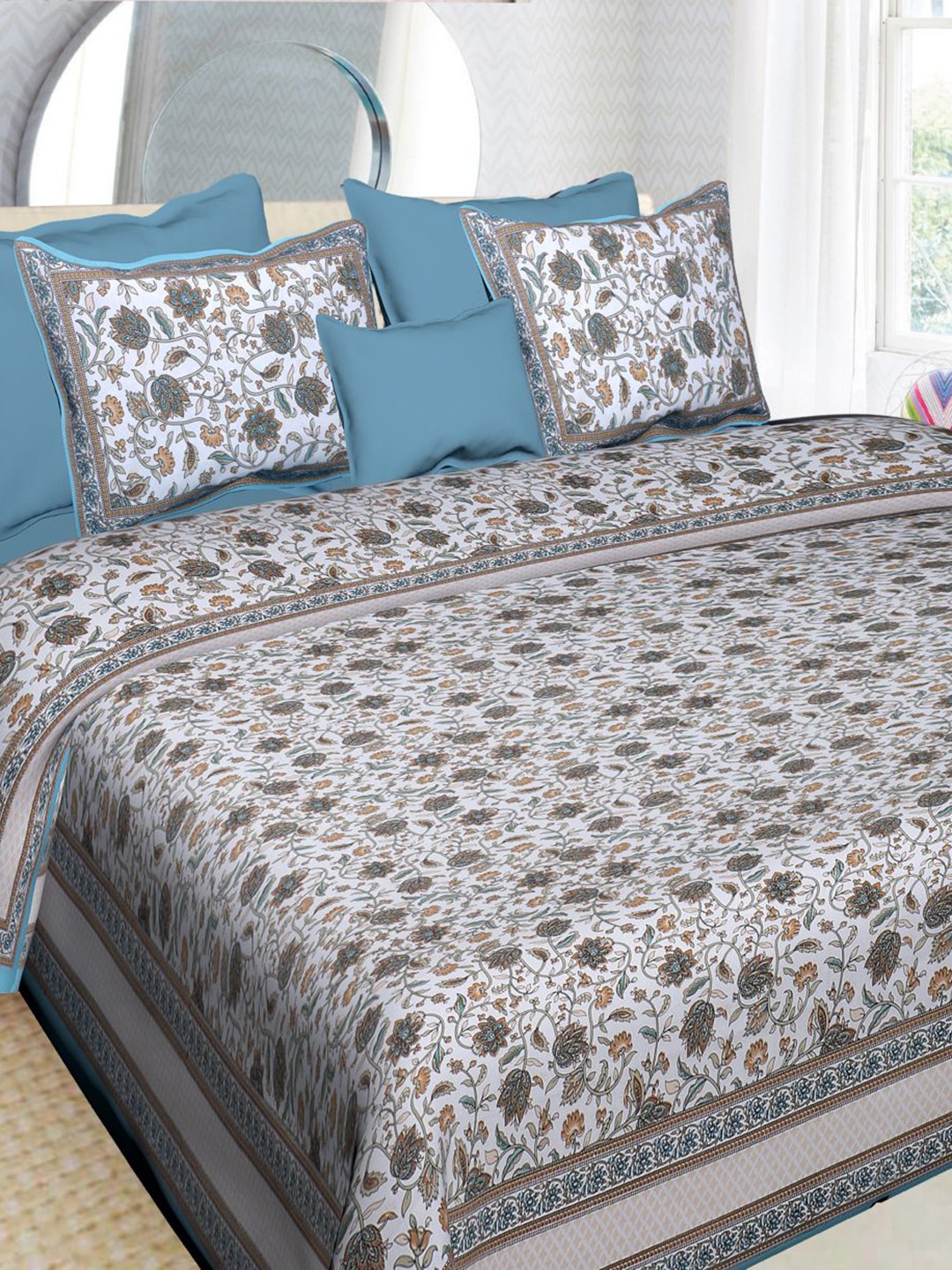 

INDHOME Life 100% Cotton 220 TC Grey & White Jaipuri Printed King Size Double Bedsheet