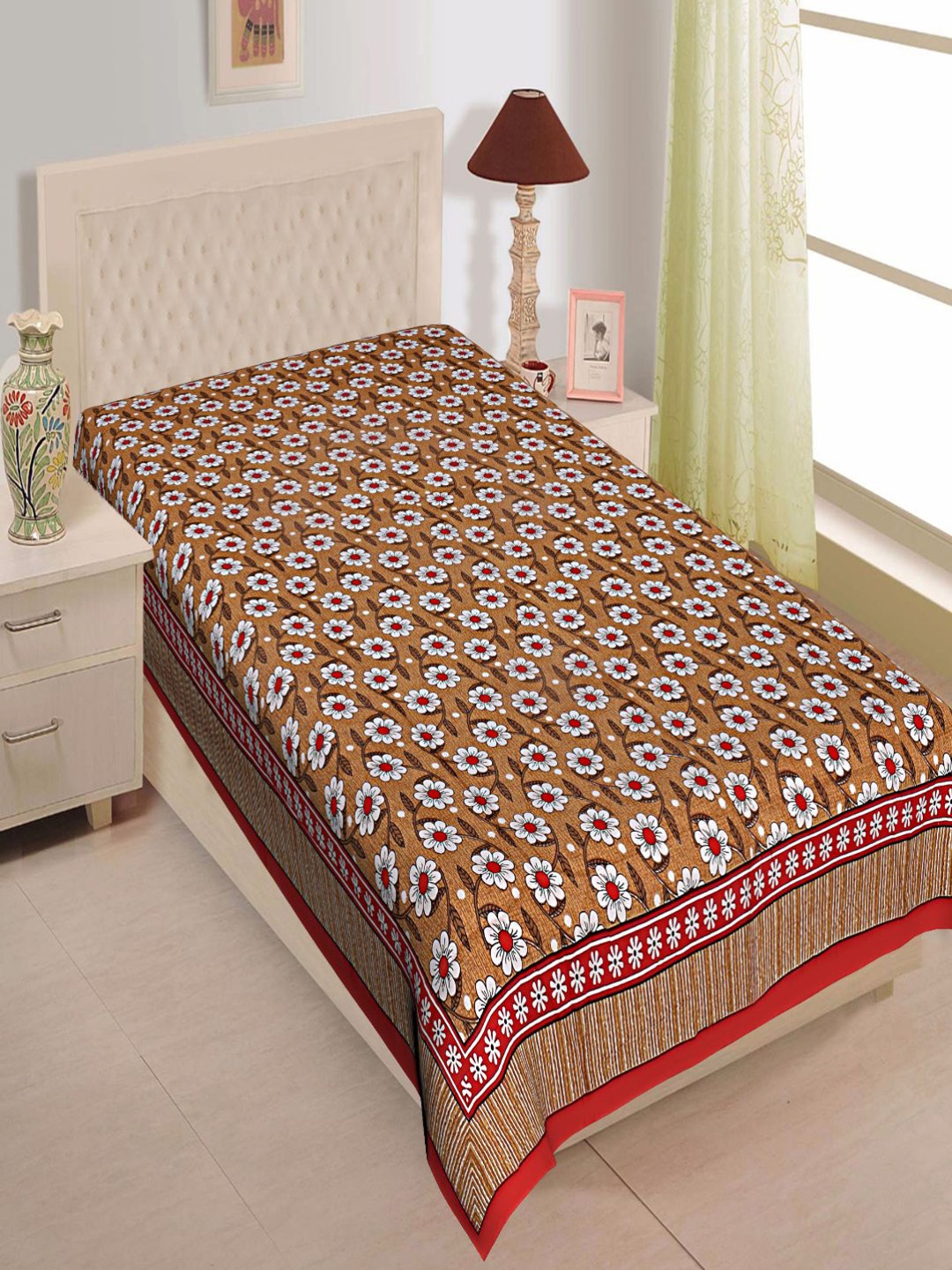 

INDHOME Life Classic 100% Cotton 144 TC Rust Jaipuri Floral Print Single Bedsheet