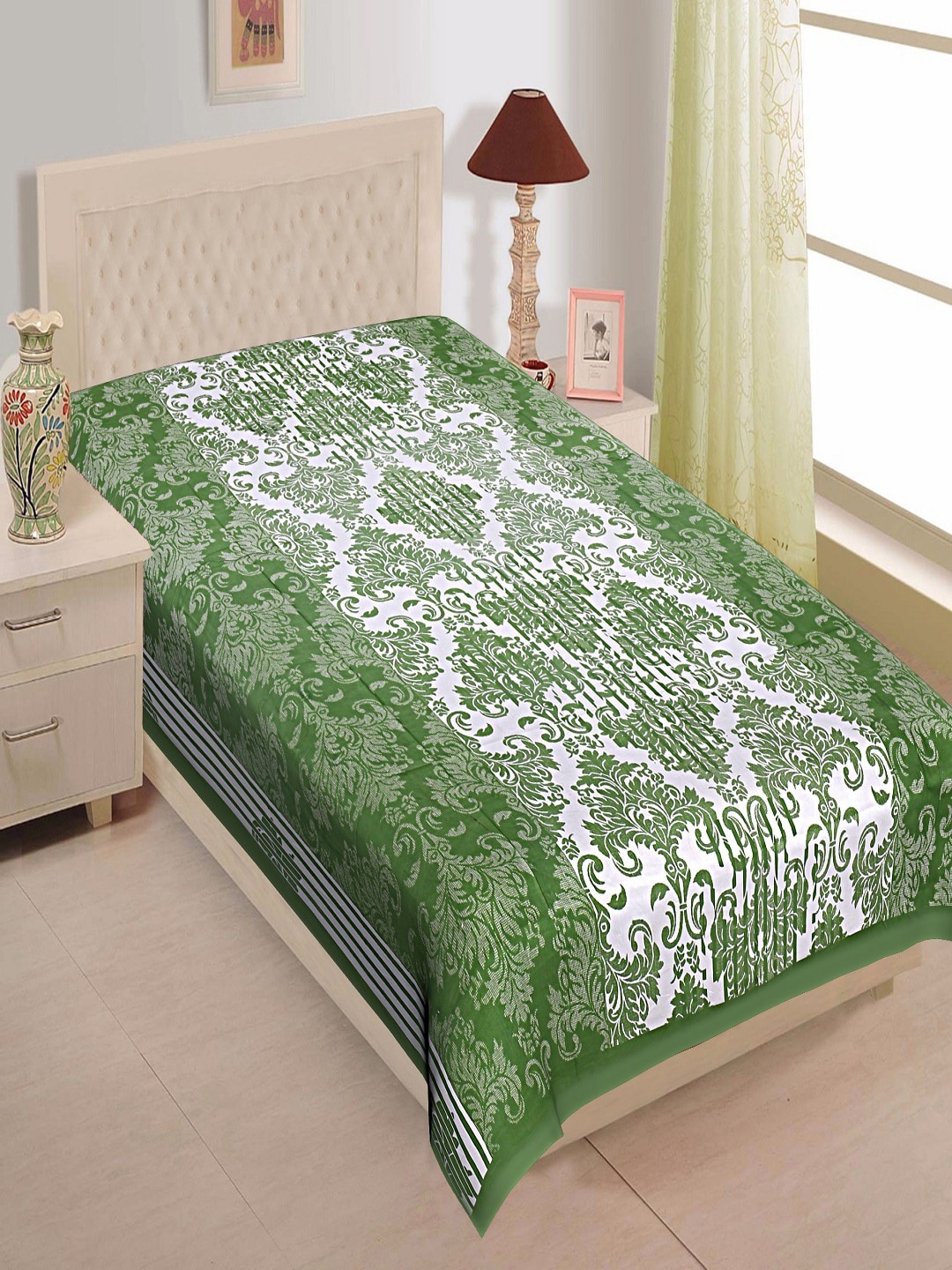

INDHOME Life Classic 100% Cotton Green 144 TC Jaipuri Print Single Bedsheet