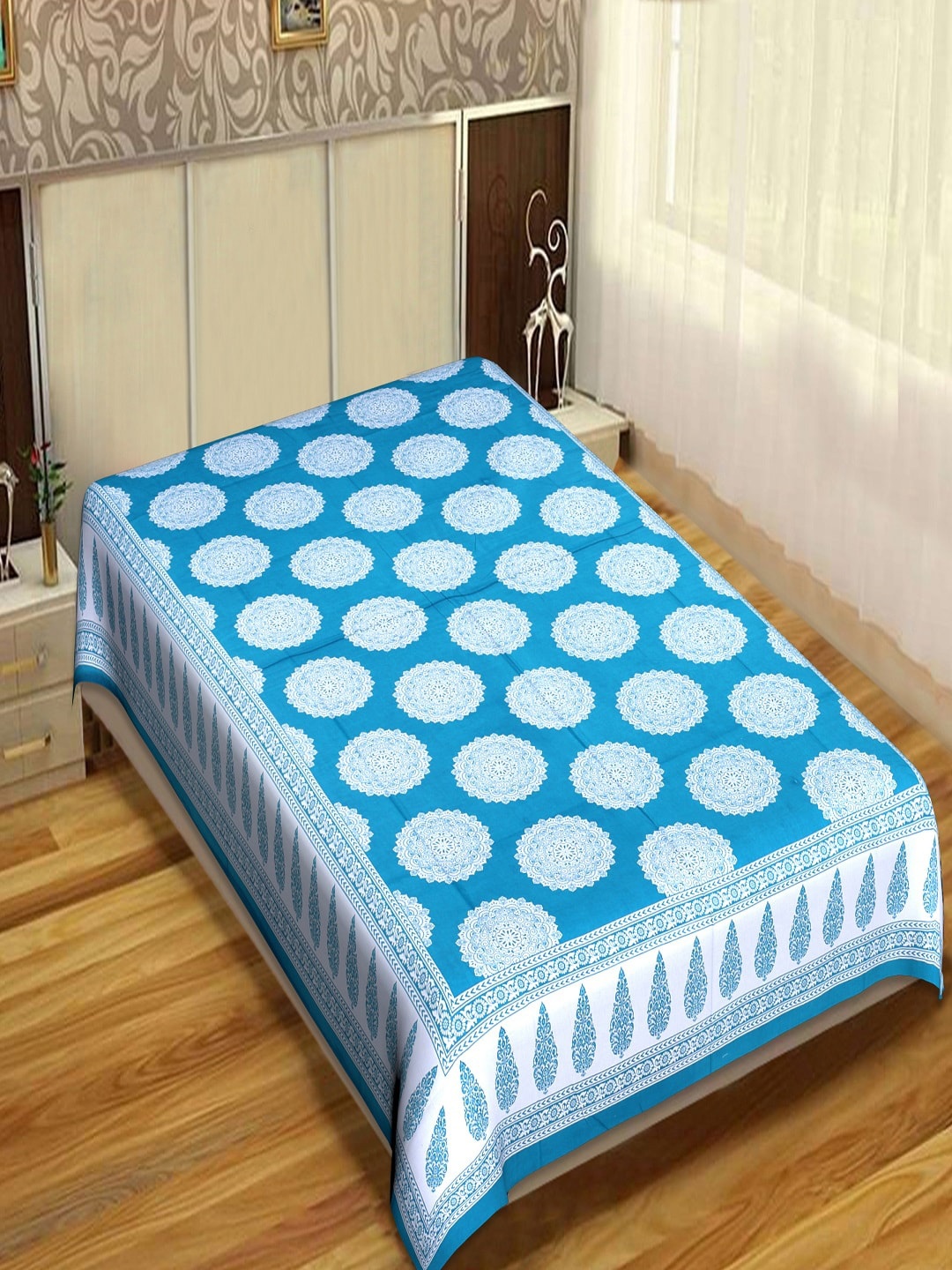

INDHOME Life Blue Classic 100% Cotton 144 TC Jaipuri Print Single Bedsheet