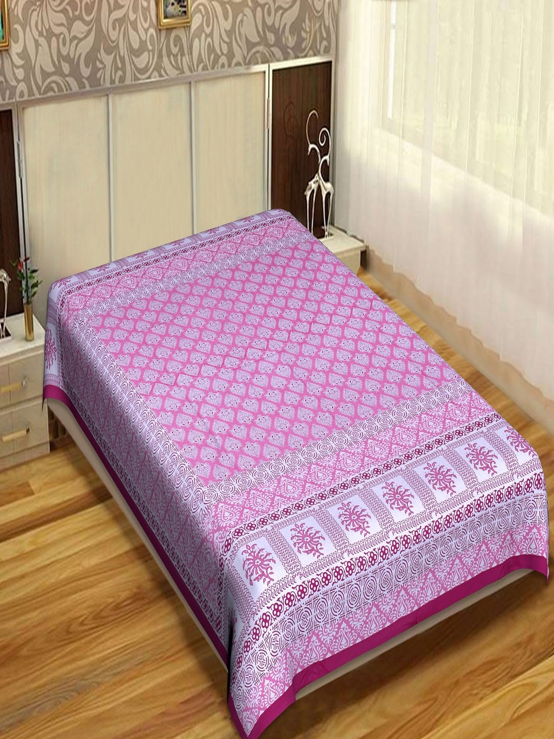 

INDHOME Life Classic 100% Cotton 144 TC Pink Jaipuri Print Single Bedsheet