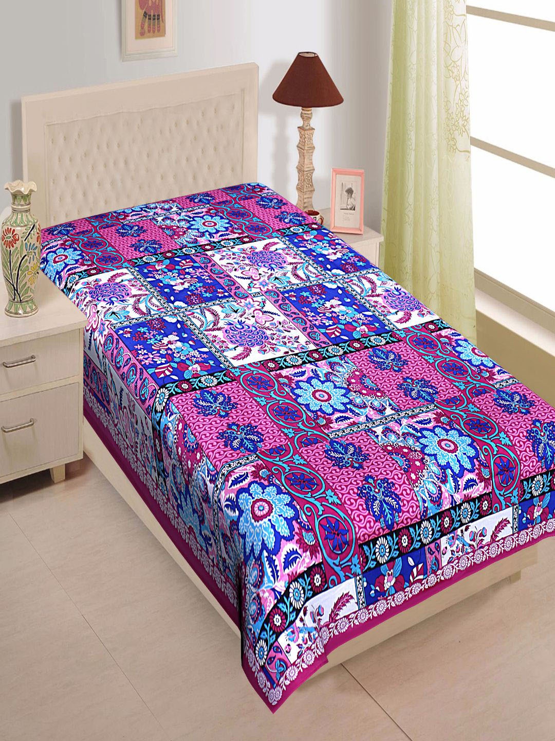 

INDHOME LIFE Purple & Blue Floral 144 TC Single Bedsheet