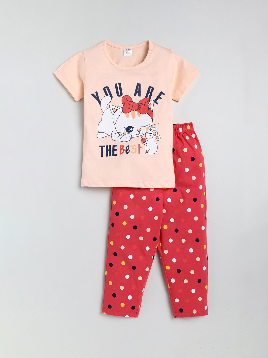 

Todd N Teen Girls Cotton White & Red Printed Animal Cartoon Characters Night suit