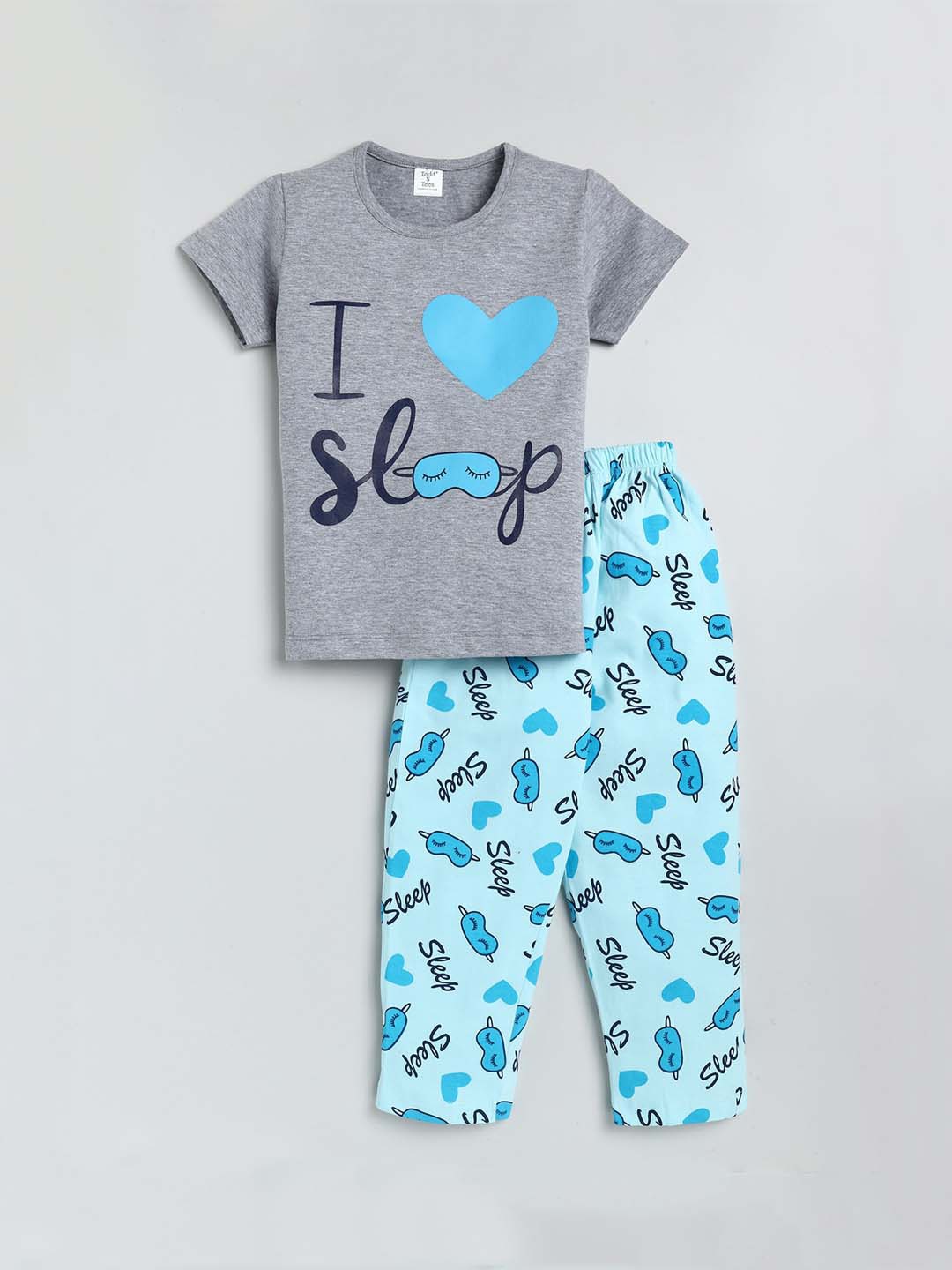 

Todd N Teen Girls Pure Cotton Graphic Grey & Blue Printed Night suit set