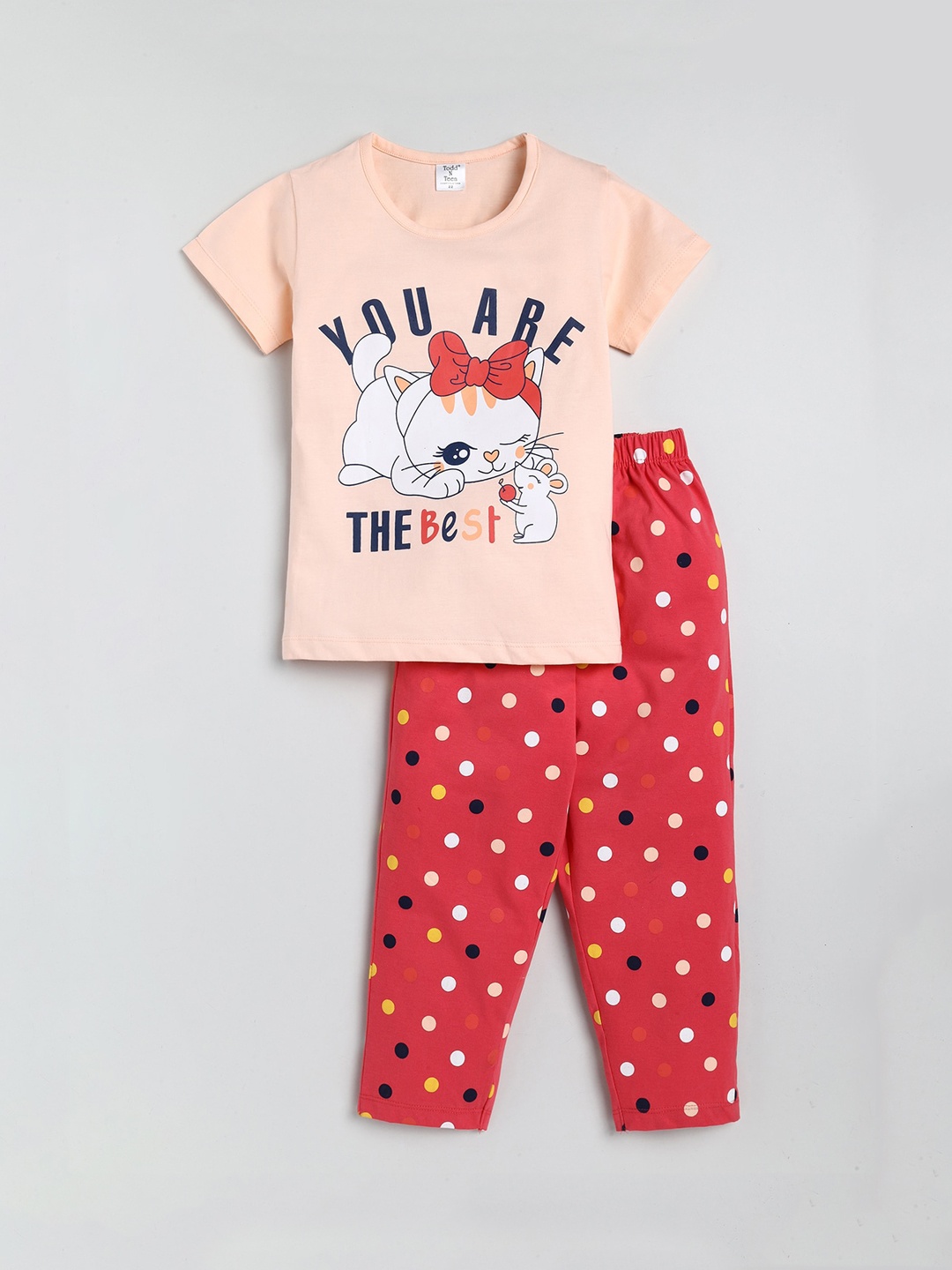

Todd N Teen Girls Peach-Coloured & Pink Printed Pure Cotton Night suit