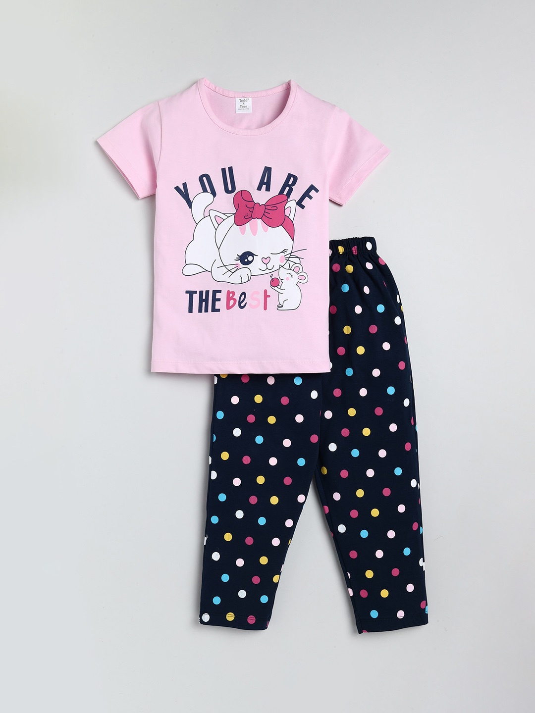 

Todd N Teen Girls Pink & Black Printed Pure Cotton Night suit