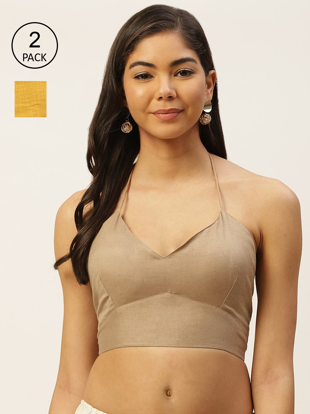 

Molcha Set of 2 Cotton Padded Blouses With Back Tie-up closure, Beige