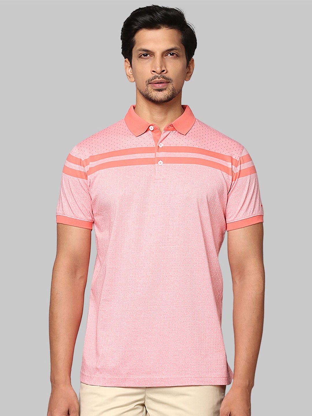 

Park Avenue Men Red & Pink Colourblocked Polo Collar Slim Fit T-shirt