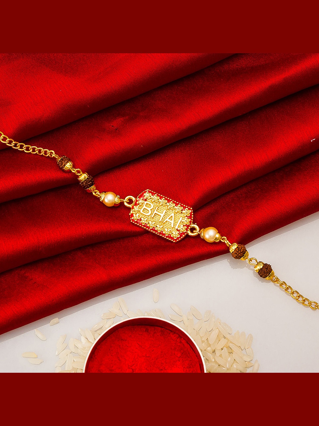 

aadita Men Gold Toned & Maroon Red Beaded Rakhi