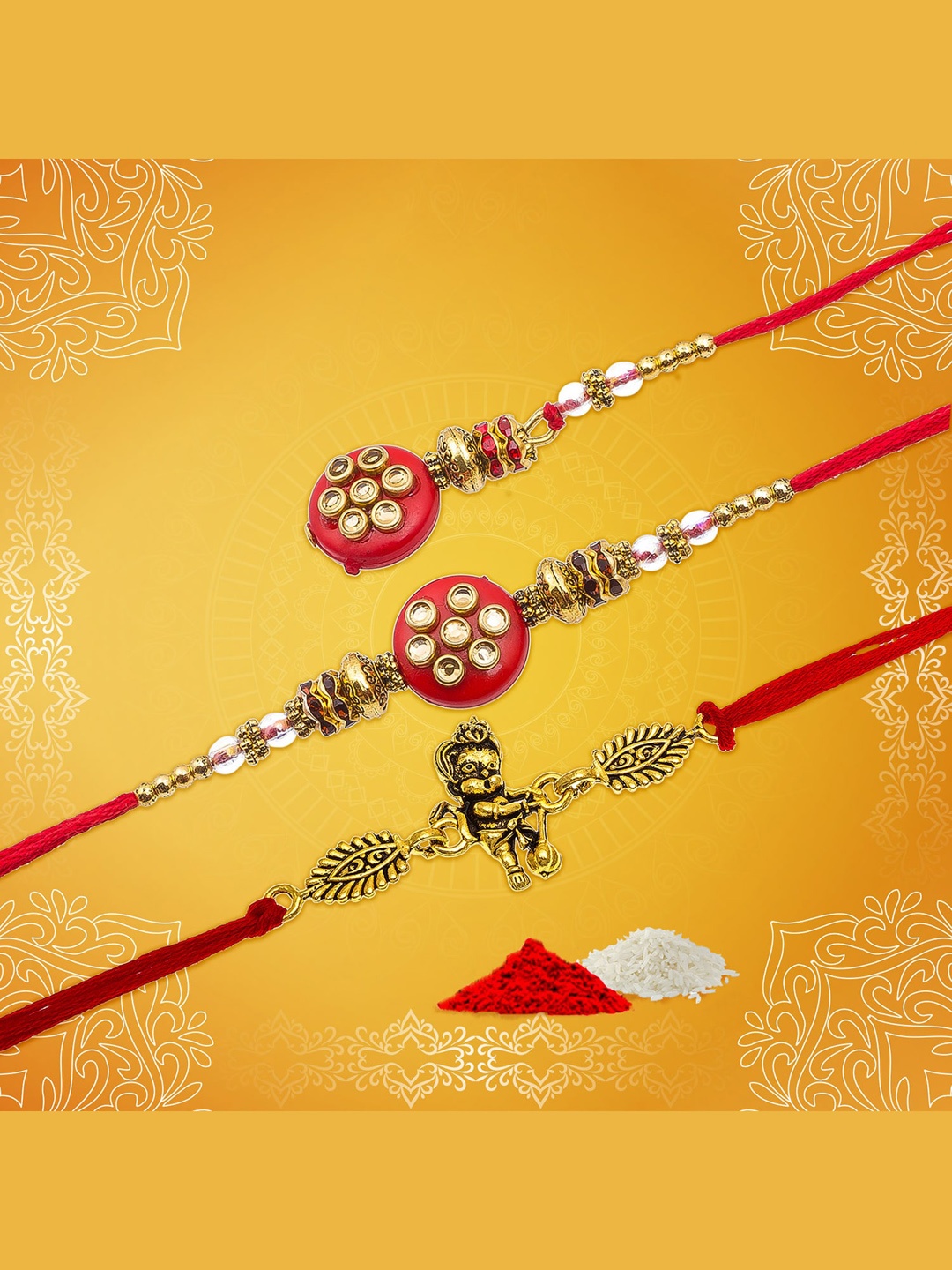 

Aadita Set of 3 Bhaiya Bhabhi And Kid Handmade Rakhi, Gold