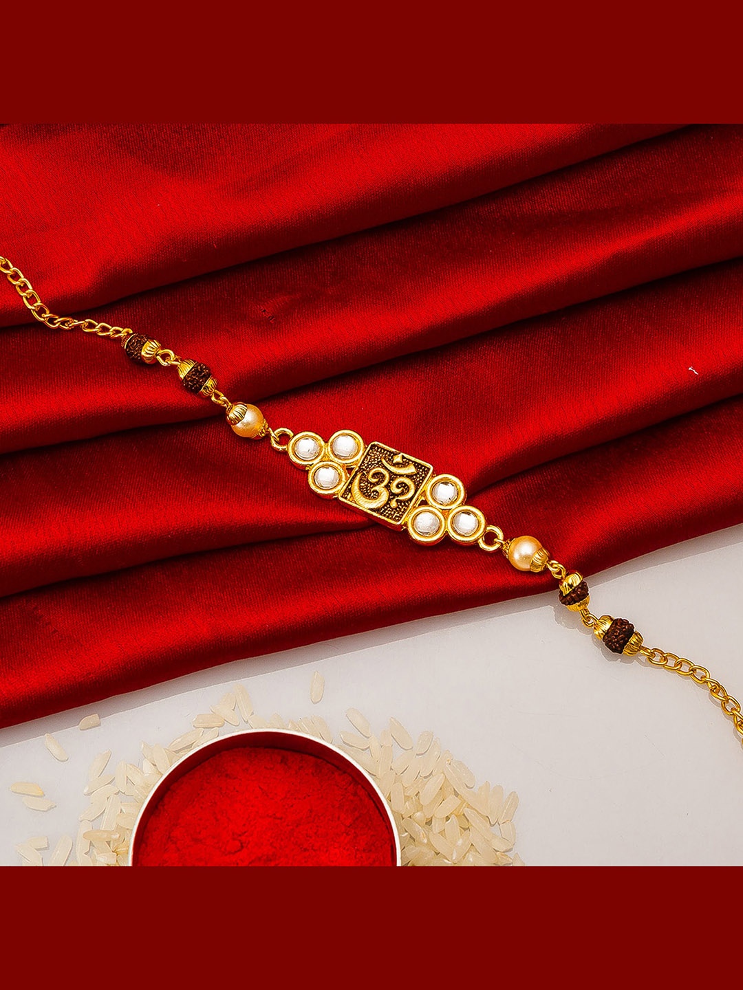 

aadita White & Gold-Toned Stone-Studded Bracelet Style Rakhi