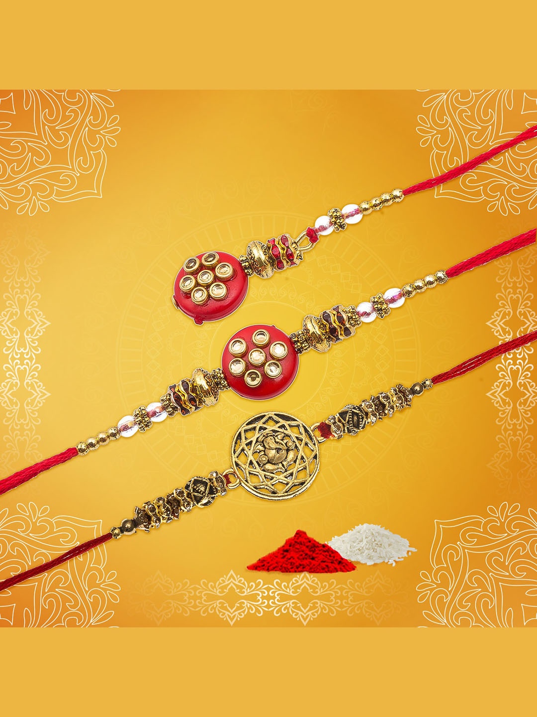 

aadita Men Set of 3 Gold-Toned Bhaiaya Bhabhi Handmade Rakhi