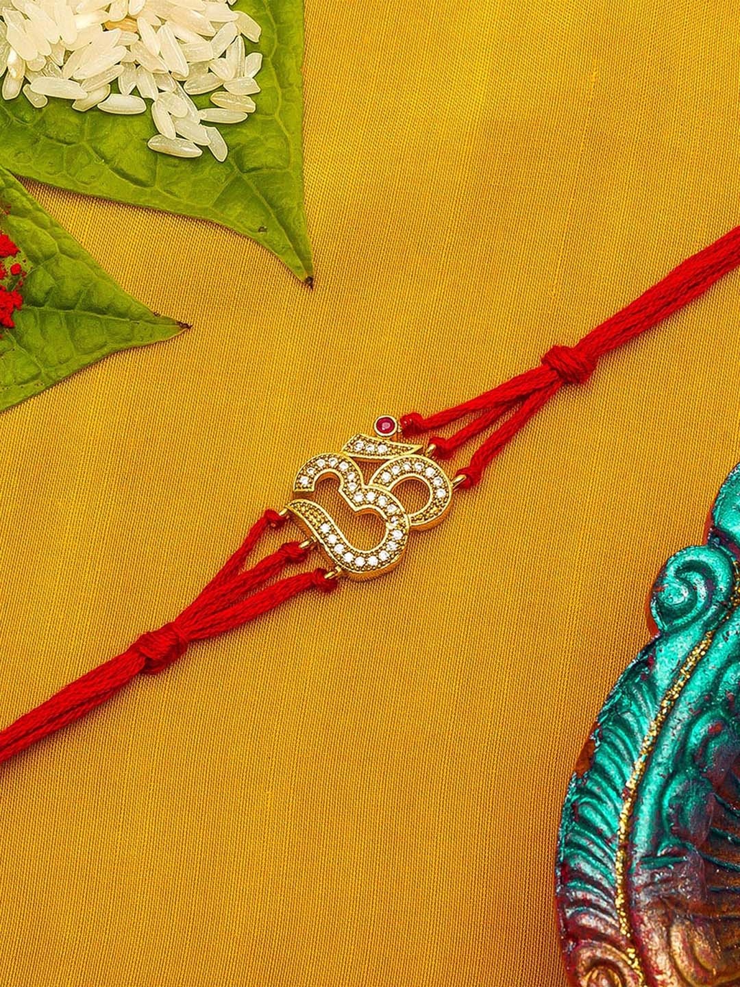 

aadita Men Red & Gold-Toned Stone-Studded Rakhi