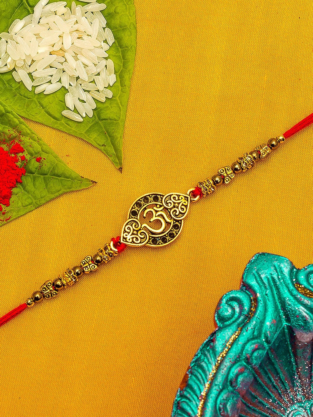 aadita Gold-Toned & Red Stones String Rakhi with Roli Chawal