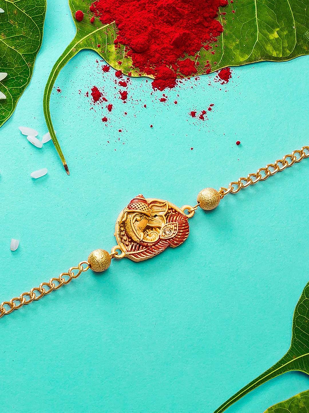 

aadita Men Gold-Toned Lord Ganesh Bracelet Rakhi Roli Chawal