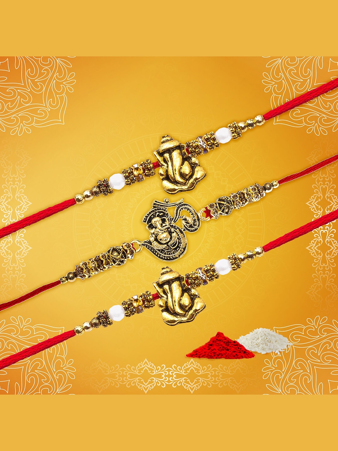 

aadita Men Set of 3 Gold-Toned & Red Handmade Rakhi