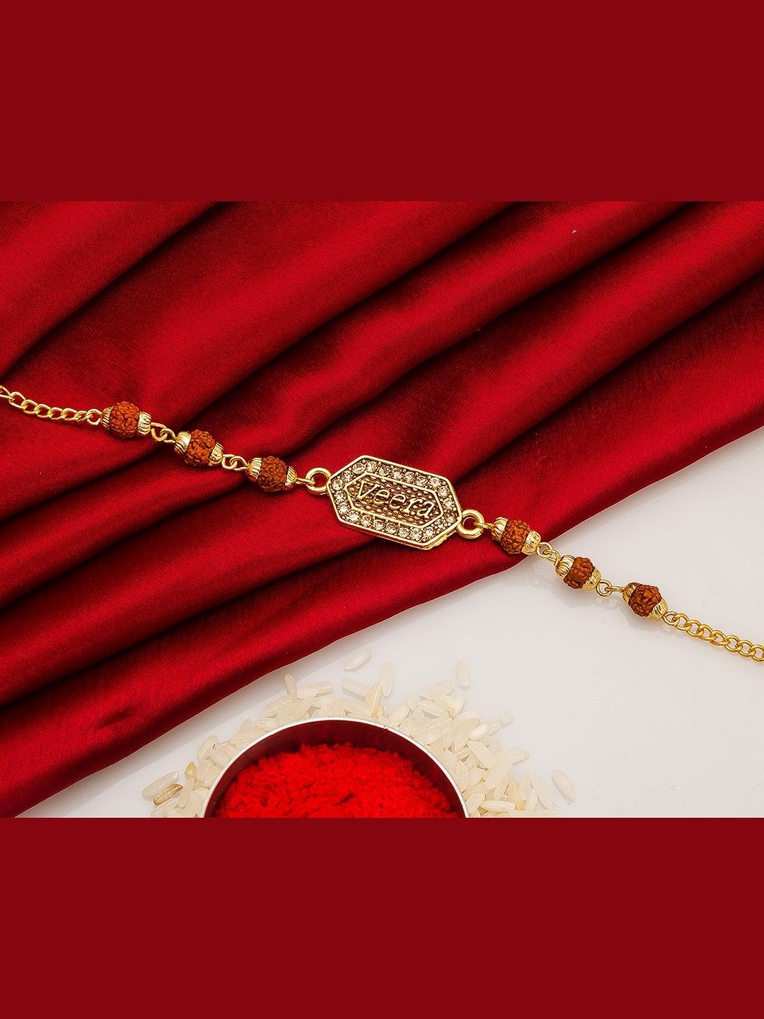 aadita Gold Toned & Brown Rudraksh Beaded Handmade Rakhi