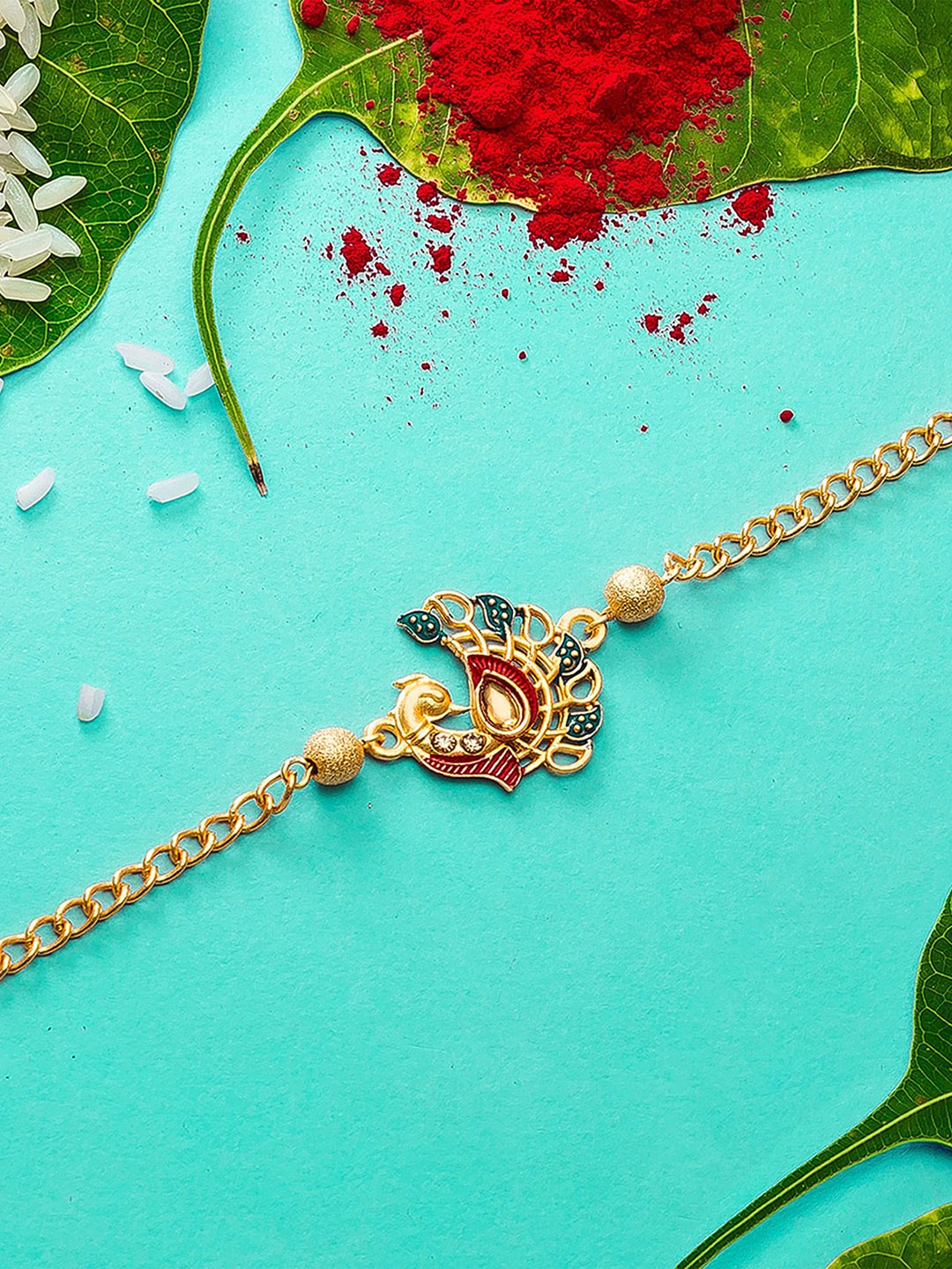 

aadita Men Gold-Colored Stone-Studded Handmade Bracelet Rakhi