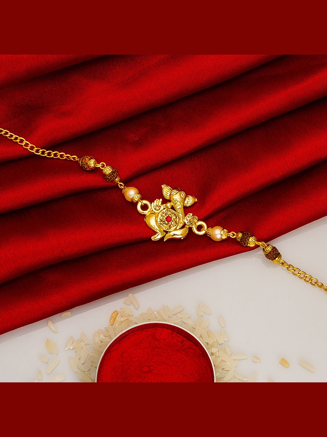 

aadita Men Gold-Plated Gold-Toned Ganesha Rakhi With Rolichawal