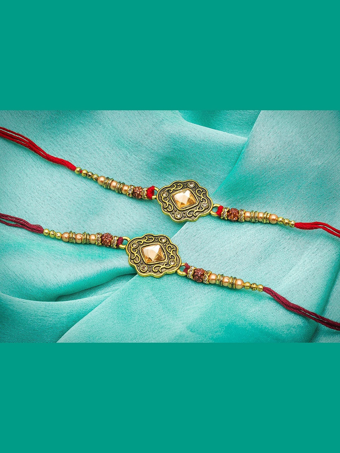 

aadita Men Set Of 2 Gold-Toned Stones-Studded Bhaiaya Bhabhi Handmade Rakhi