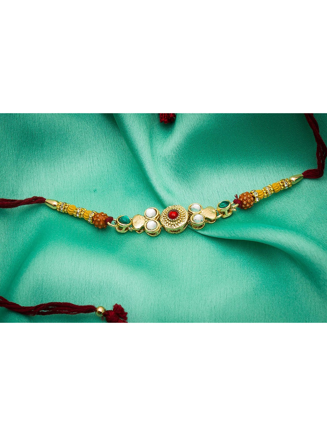 

Aadita Men Gold-Colored & Red AD-Studded Handmade Rakhi