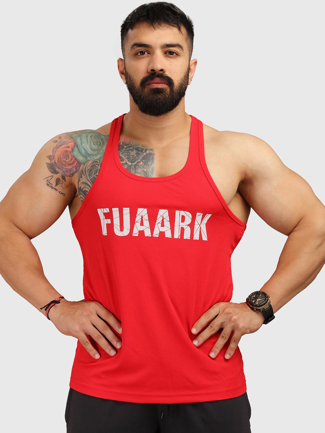 

FUAARK Men Red Classic Sports and Gym Stringer Vest