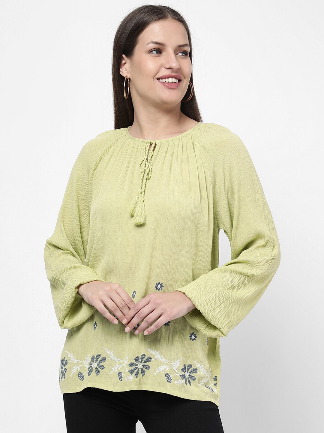 

R&B Green Solid Tie-Up Neck Top