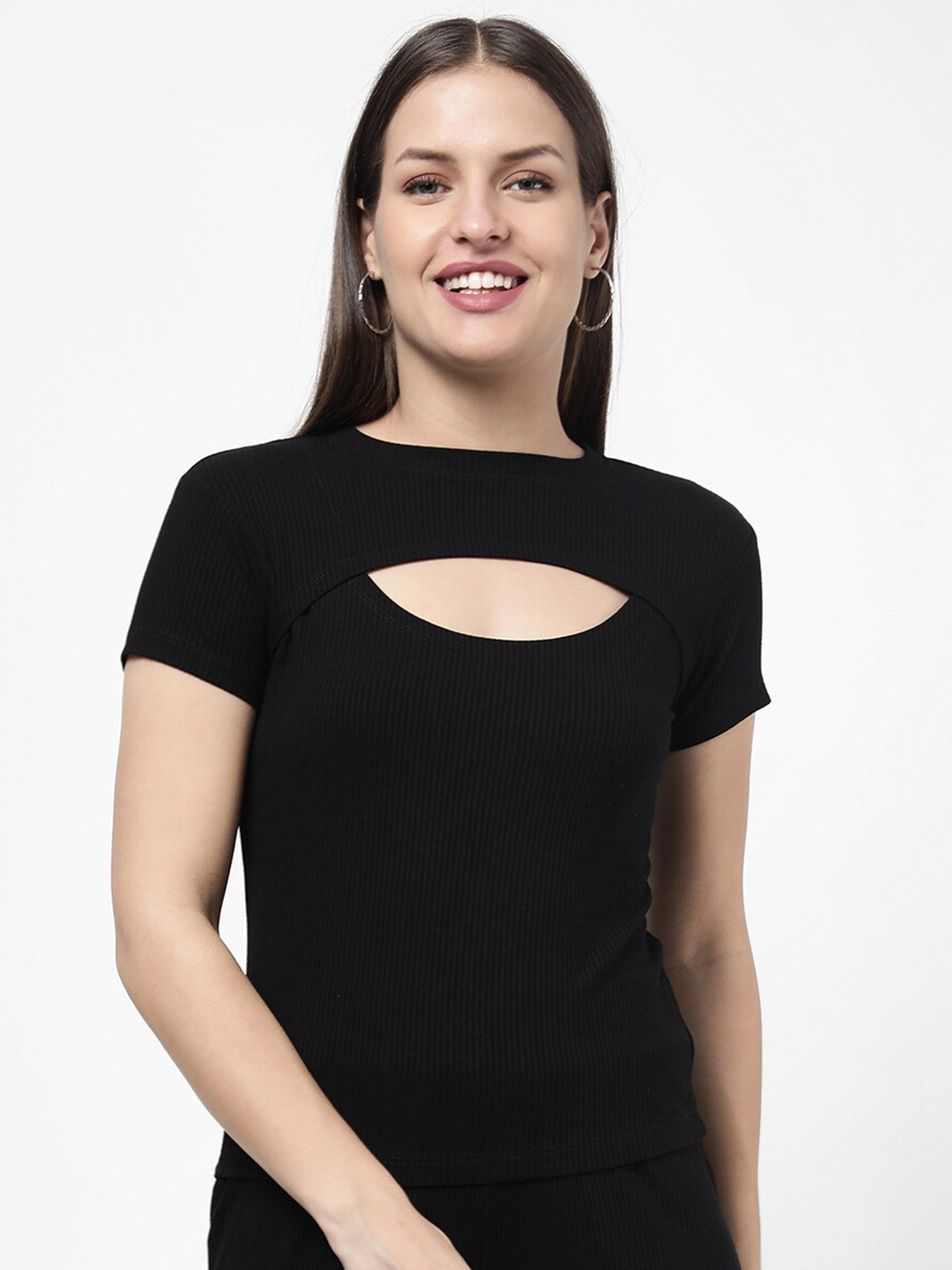 

R&B Black Solid Cut-Out Detail Neck Top