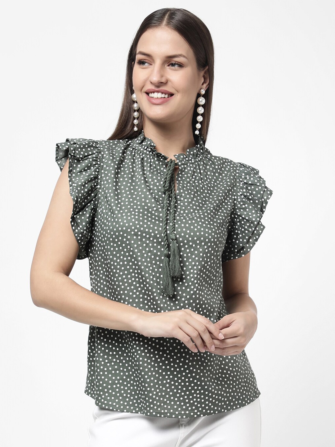 

R&B Olive Green Geometric Print Tie-Up Neck Top