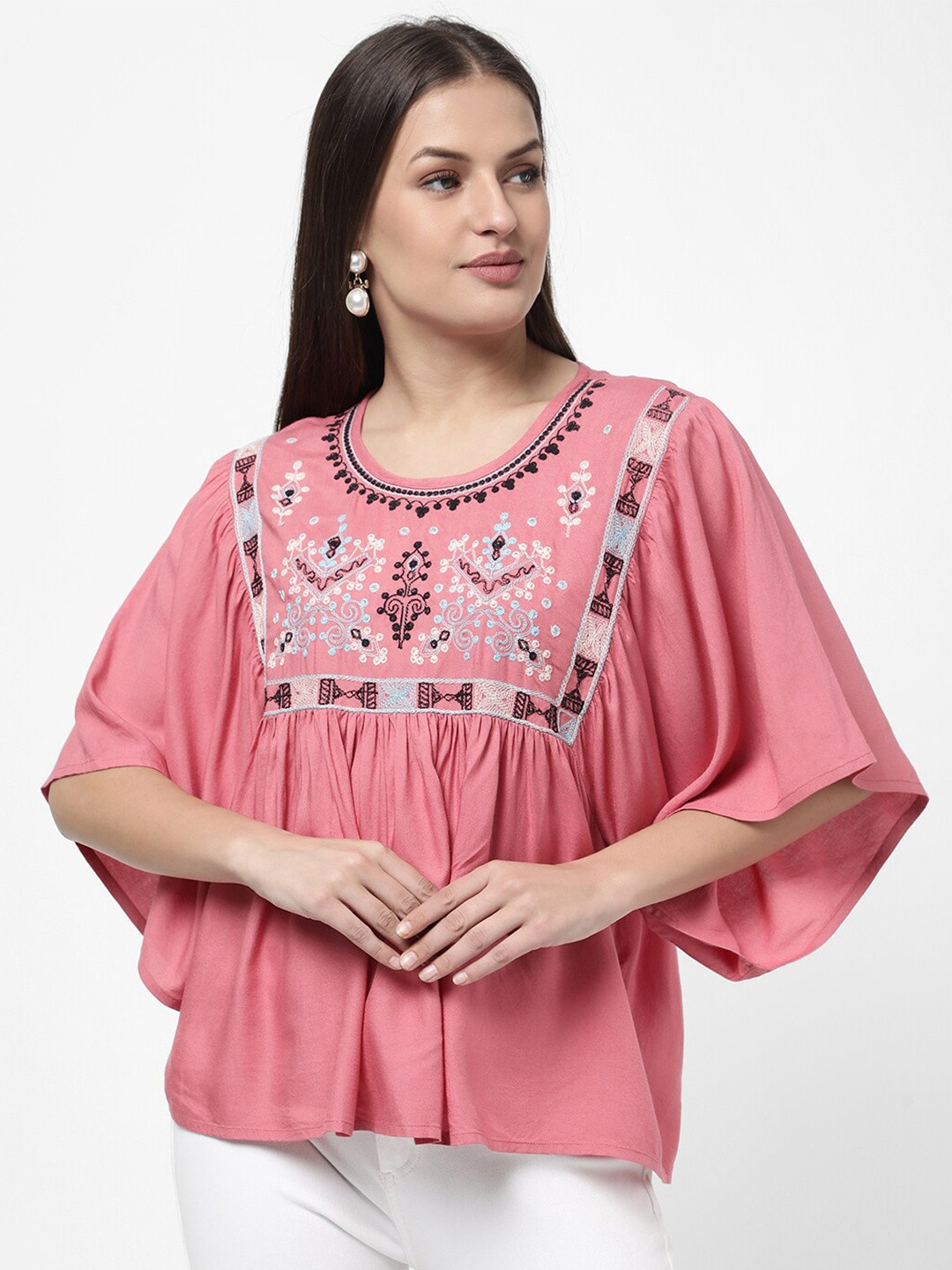 

R&B Pink & Black Floral Embroidered Top
