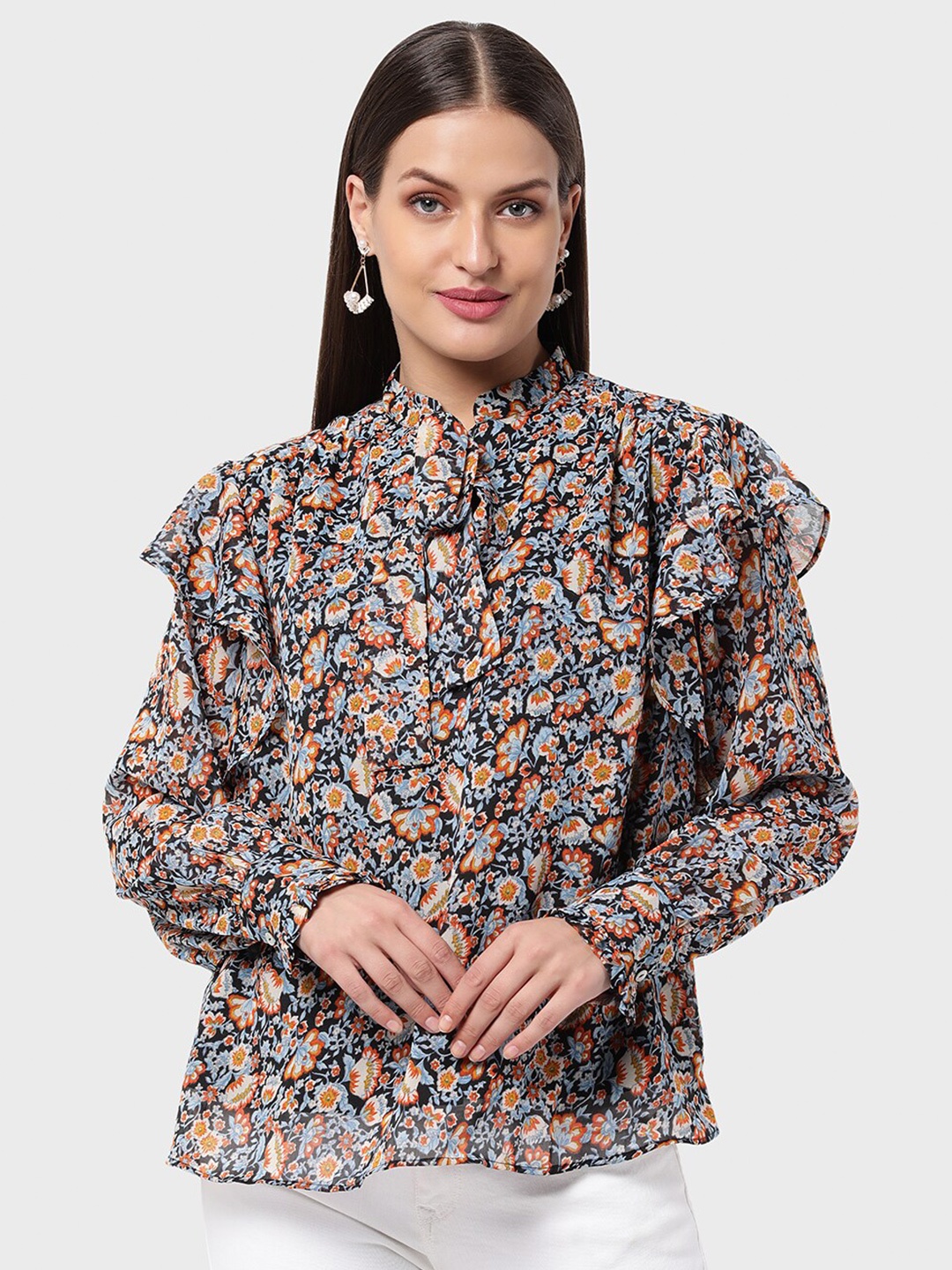 

R&B Blue & dark sapphire Floral Print Mandarin Collar Shirt Style Top