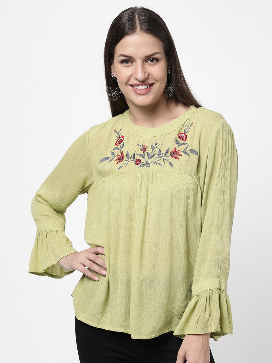 

R&B Green Floral Printed Bell Sleeves Top