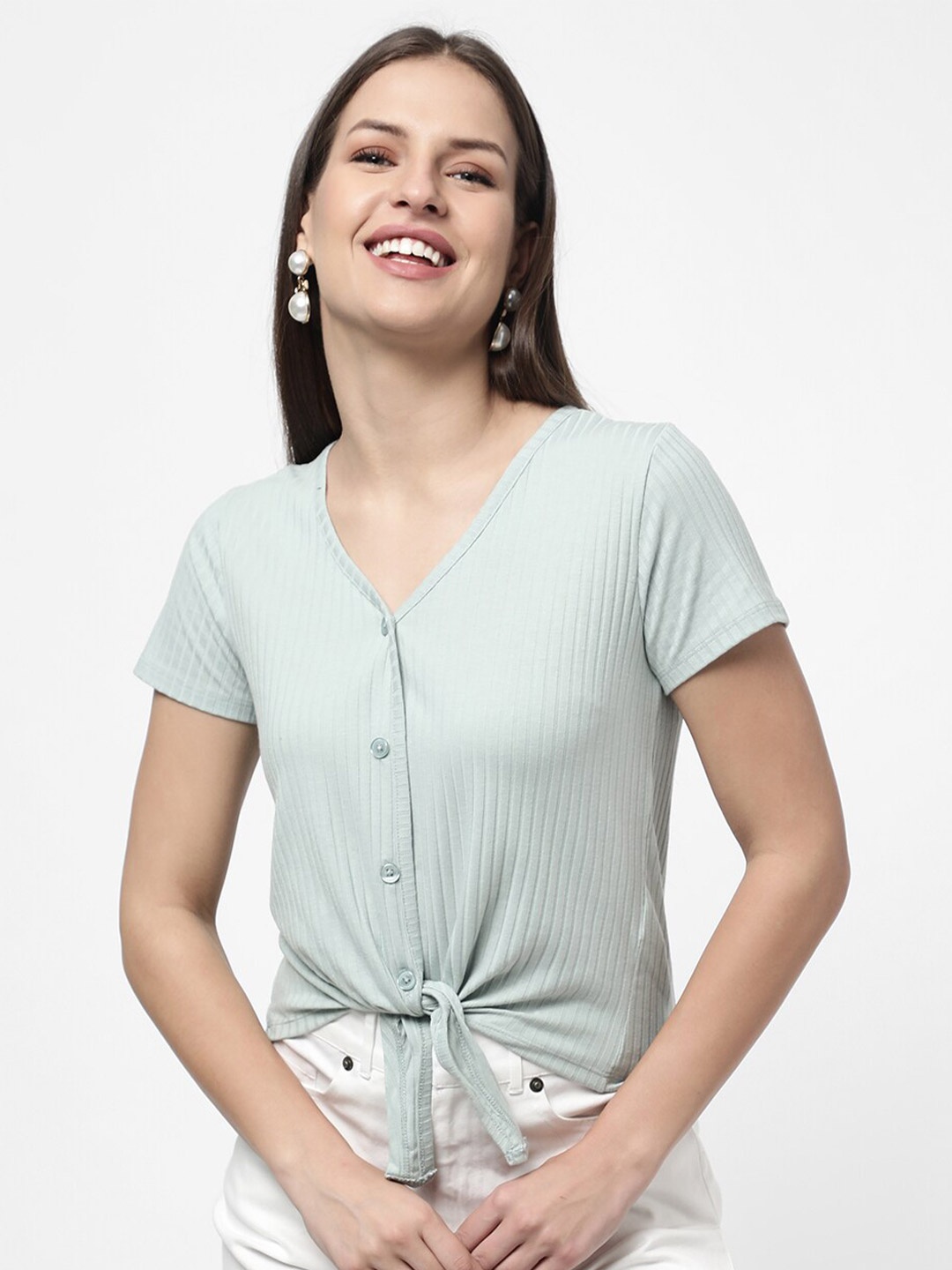 

R&B Women Sea Green Ribbed V Neck Top