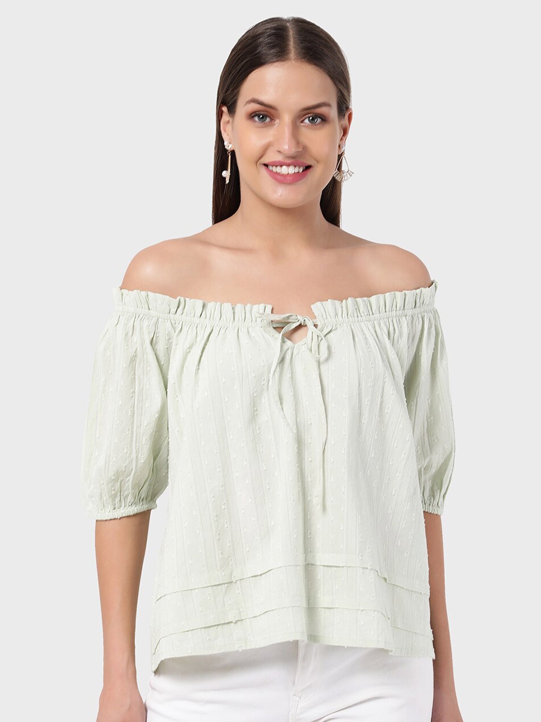 

R&B Green Self Design Off-Shoulder Bardot Top