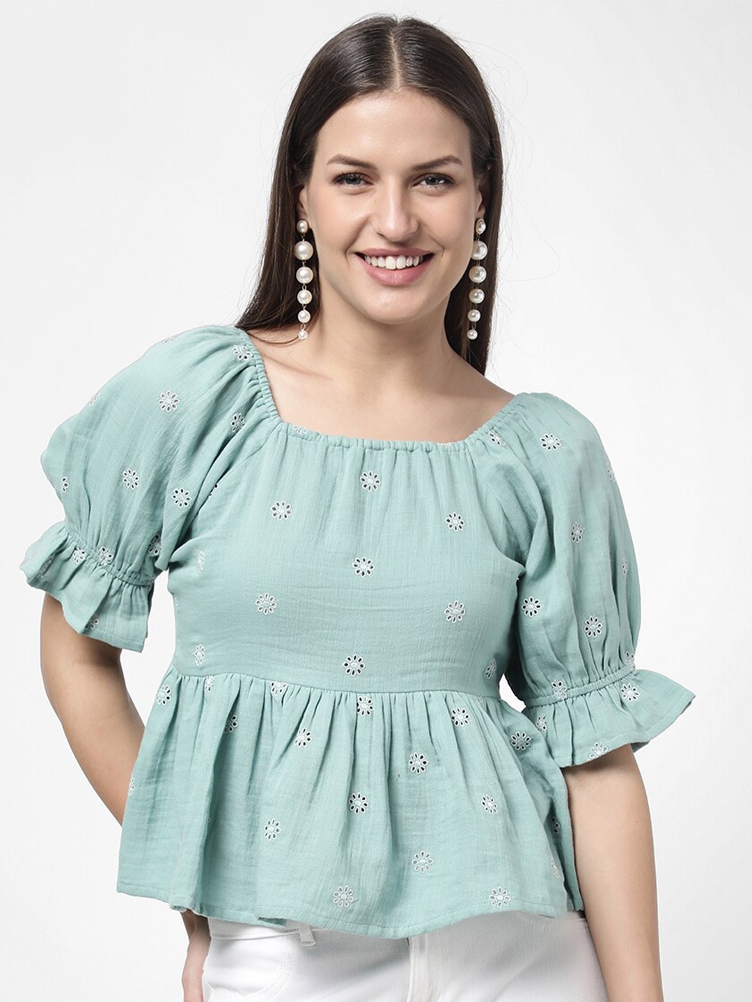 

R&B Green Floral Embellished Top