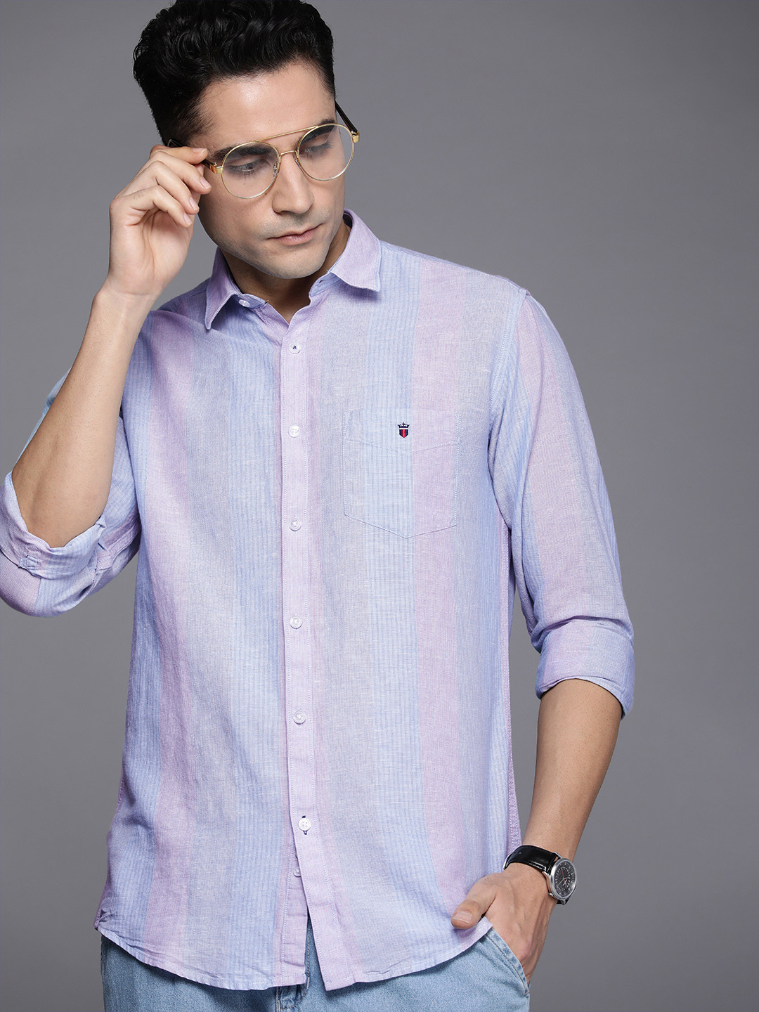 

Louis Philippe Sport Men Blue & Pink Striped Slim Fit Semiformal Shirt