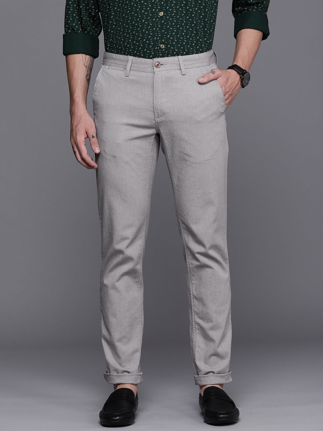 

Louis Philippe Sport Men Grey Textured Slim Fit Low-Rise Regular Trousers