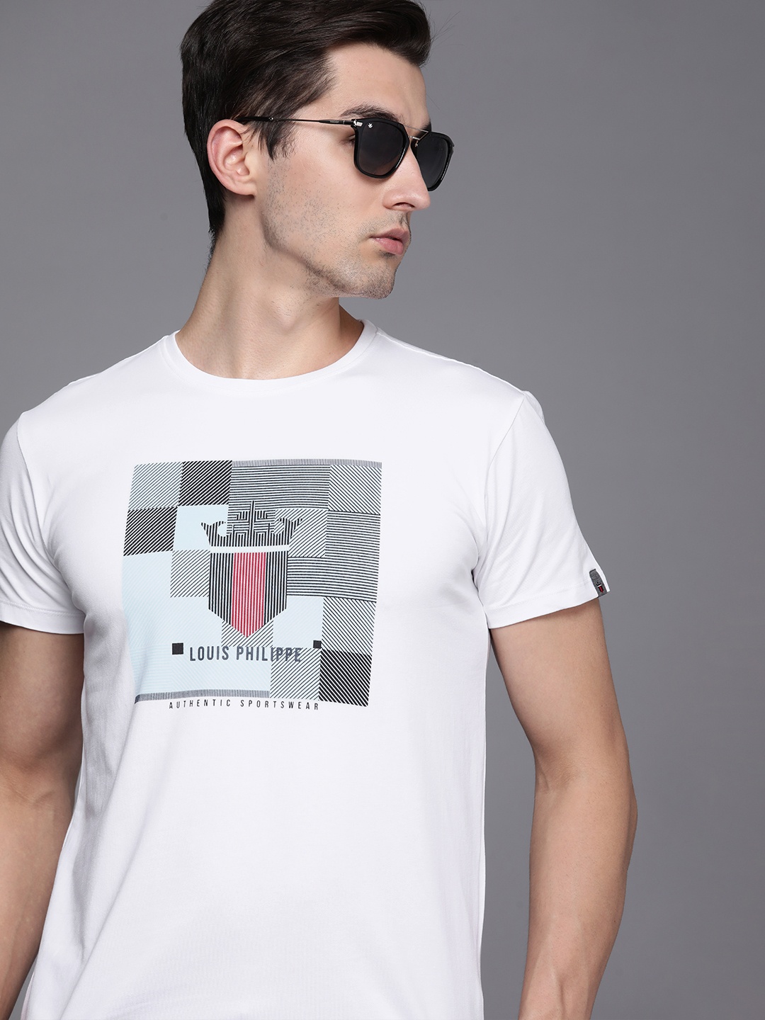 

Louis Philippe Sport Men White & Blue Brand Logo Printed Pure Cotton T-shirt