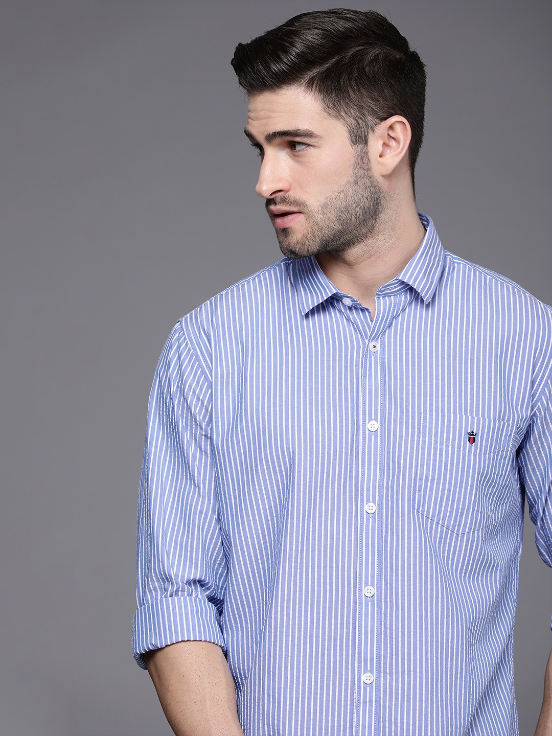 

Louis Philippe Sport Men Blue & White Slim Fit Striped Pure Cotton Casual Shirt