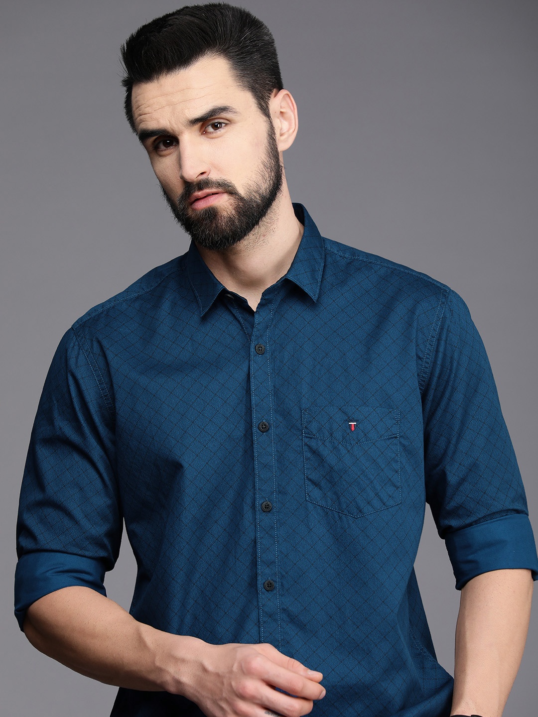 

Louis Philippe Sport Men Navy Blue Slim Fit Checked Pure Cotton Casual Shirt