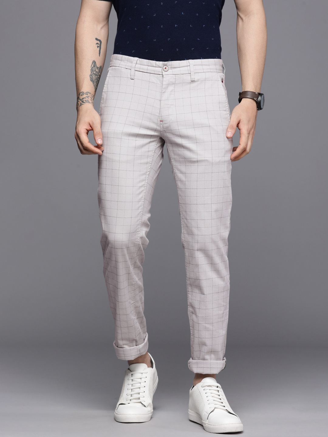 

Louis Philippe Sport Men Grey Checked Slim Fit Chinos Trousers, Khaki