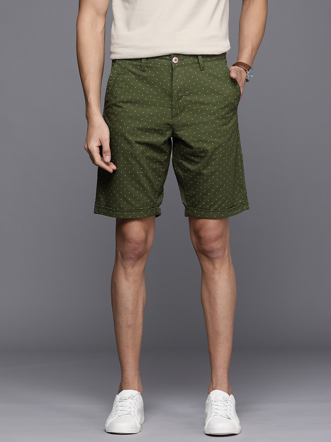 

Louis Philippe Sport Men Olive Green Printed Slim Fit Low-Rise Chino Shorts
