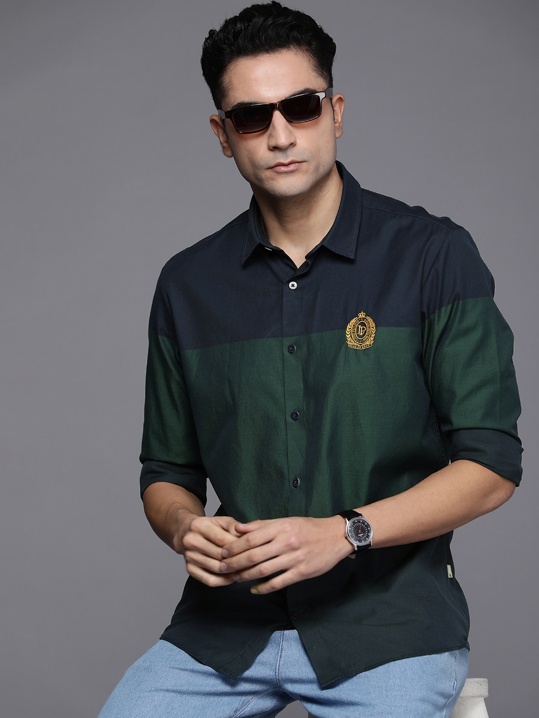 

Louis Philippe Sport Men Multicoloured Slim Fit Colourblocked Pure Cotton Semiformal Shirt, Multi
