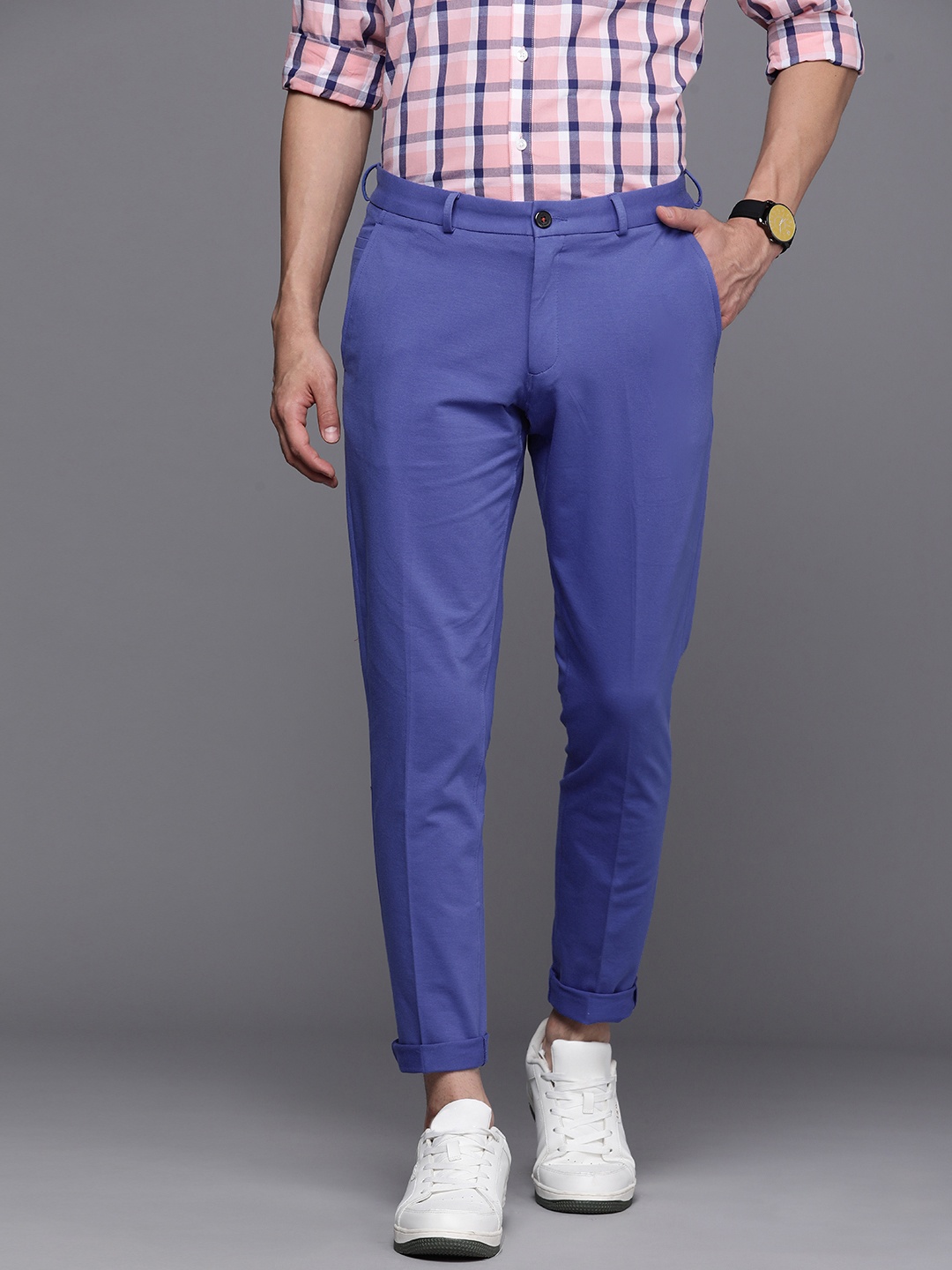 

Louis Philippe Sport Men Blue Solid Slim Fit Low-Rise Regular Trousers