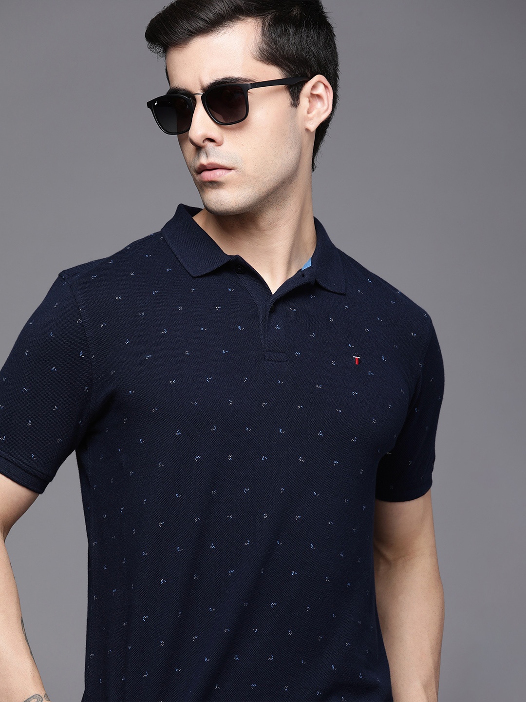 

Louis Philippe Sport Men Navy Blue & Grey Printed Pure Cotton Polo Collar Slim Fit T-shirt