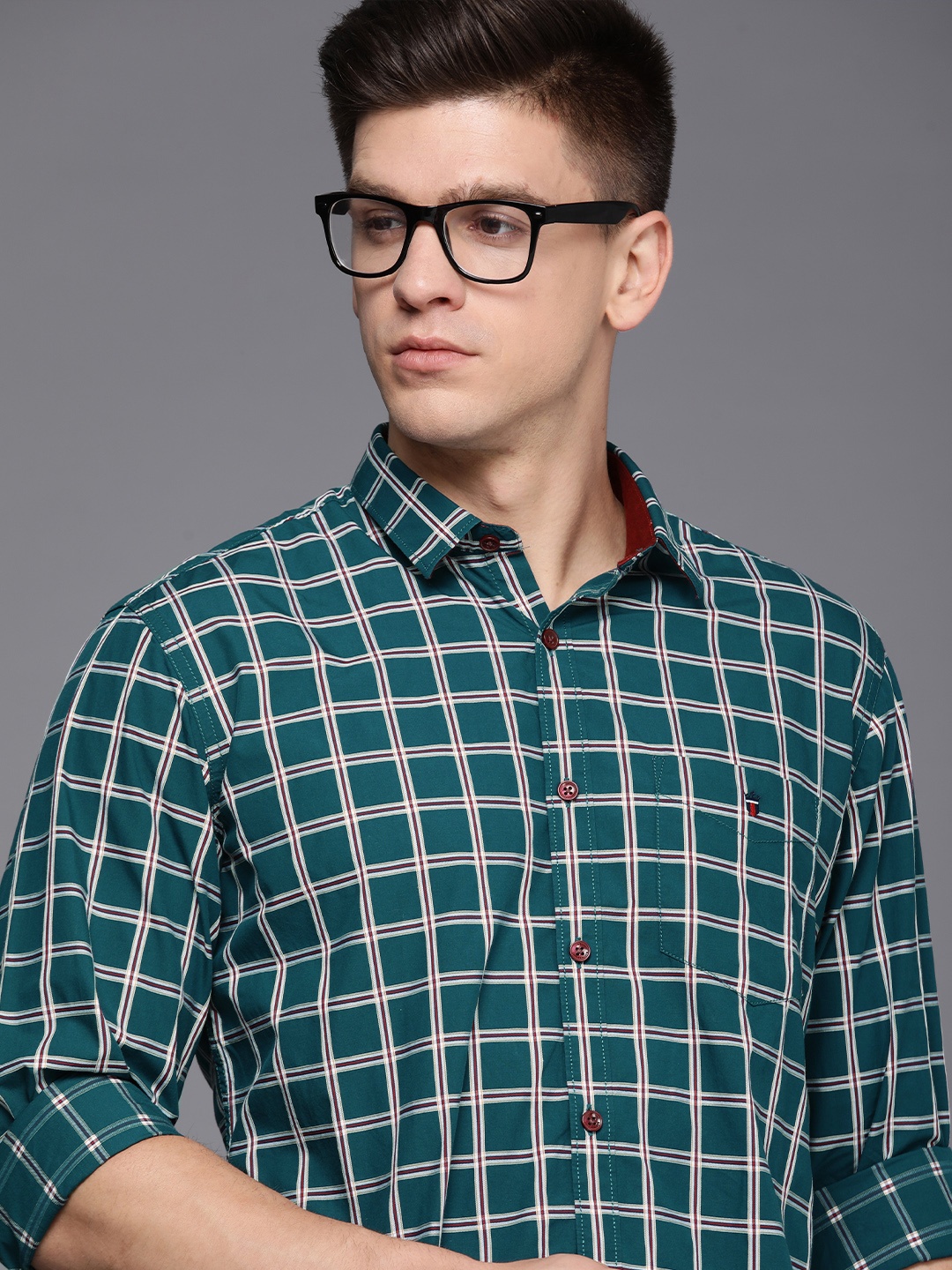 

Louis Philippe Sport Men Teal Green & Maroon Slim Fit Checked Pure Cotton Casual Shirt